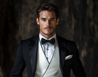 Schwarzer Slim Fit Anzug: Dreiteiliger Bräutigam Hochzeitsanzug mit cremefarbener Weste