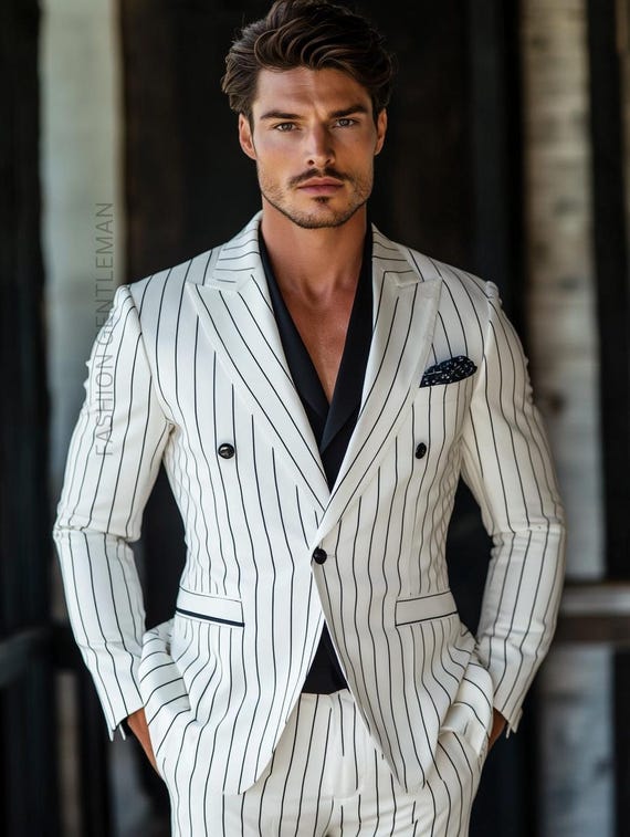 Handmade Slim Fit Pinstripe Suit: White & Black Lining, Bespoke Two Piece