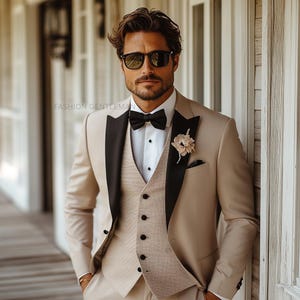 Premium Beige Three Piece Slim Fit Suit For Men With Black Lapels, bespoke for Men & all Seasons, Groom And Groomsmen Suit For Wedding
