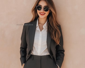 Handmade Dark Grey Suit for Women, Slim Fit Two Piece, Tailored Office Wedding Suit