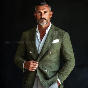 Premium Linen Summer OLIVE GREEN colour Two Piece Relax Fit Double Breasted Suit For Men, Groom & Groomsmen Linen Suit, Tailored Linen Suit,
