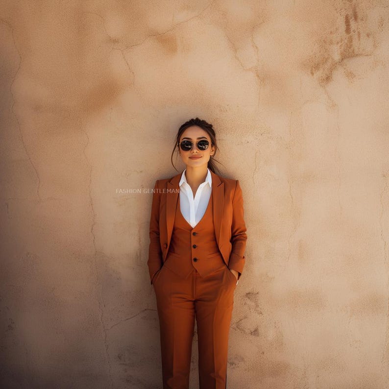 May include: A person wearing a brown suit with a white shirt and sunglasses. The suit includes a vest and a jacket. The person is standing in front of a tan wall.