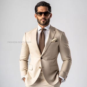 Luxury Beige Two Piece Slim Fit Suit For Men, Groom & Groomsmen Suit For Wedding, Tailored Suit, Prom Wear, bespoke for Men