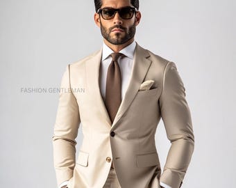 Luxus Beige Slim Fit Anzug : Handgemachter Bräutigam & Groomsmen Hochzeitsanzug