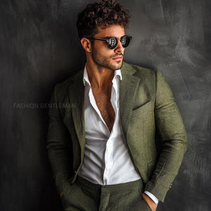 Premium Pure Linen Summer OLIVE GREEN colour Two Piece Relax Fit Suit For Men, Groom & Groomsmen Suit, Tailored Suit, Summer party,