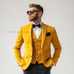 Luxury Yellow Colour Three Piece Slim Fit Suit with Black Pants For Men, Groom And Groomsmen Suit , Tailored Suit,Prom Wear,bespoke for Men