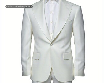May include: A white suit with a single button closure and a shawl collar.