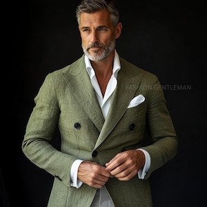 Premium Linen Summer OLIVE GREEN colour Two Piece Relax Fit Double Breasted Suit For Men, Groom & Groomsmen Linen Suit, Tailored Linen Suit,
