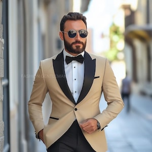 Classic Beige Tuxedo with Black Lapels Two Piece Slim Fit Suit For Men,Groom & Groomsmen Suit For Wedding,Tailored Suit,christmas party