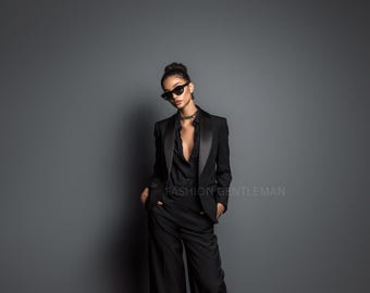 Relax Fit Black Tuxedo Suit for Women - Two Piece Tailored Suit