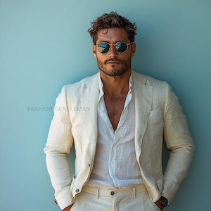Luxury Linen Summer CREAM WHITE colour Two Piece Relax Fit Suit For Men, Groom & Groomsmen Linen Suit, Tailored Linen Suit, Summer party