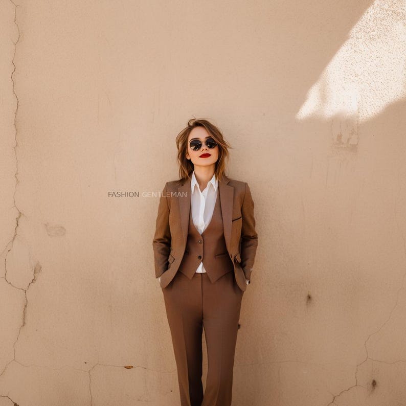 May include: A brown suit with a white shirt and a brown vest. The person is wearing sunglasses and has red lipstick.
