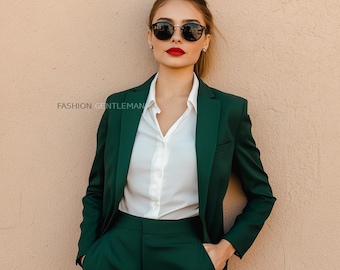 Costume de luxe deux pièces VERT FONCÉ pour femme, pour mariage, costume de soirée au bureau, costume sur mesure pour femme, costume de mariage pour femme,