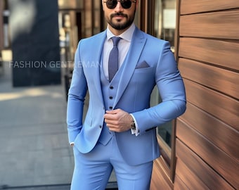 Sky Blue Slim Fit Suit: Handmade 3-Piece Tailored Suit