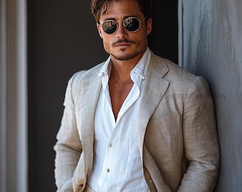 Handmade Beige Linen Suit: Men's Two Piece Tailored Summer Suit