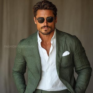 Olive Green Linen Suit: Men&#39;s Relax Fit Two Piece Tailored Suit