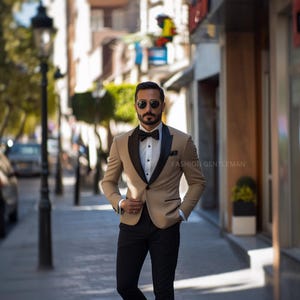 Premium Beige Tuxedo with Black Lapels Two Piece Slim Fit Suit For Men,Groom & Groomsmen Suit For Wedding,Tailored Suit,christmas party