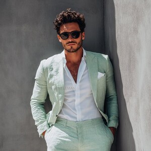 Luxury Linen Suit: Pistachio Green Two Piece Relax Fit - Handmade