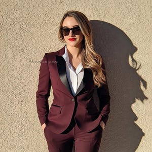 Burgundy Tuxedo Suit: Slim Fit Two Piece with Black Lapels for women