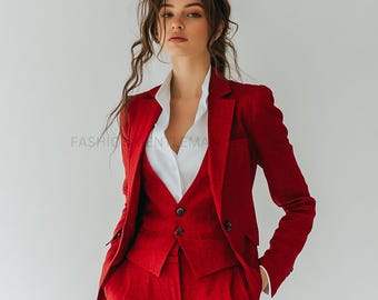 Red Three Piece Suit for Women: Slim Fit Tailored Suit