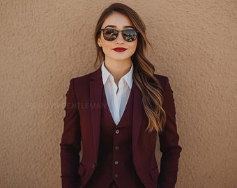 Burgundy Slim Fit Suit for Women: 3-Piece Tailored Suit