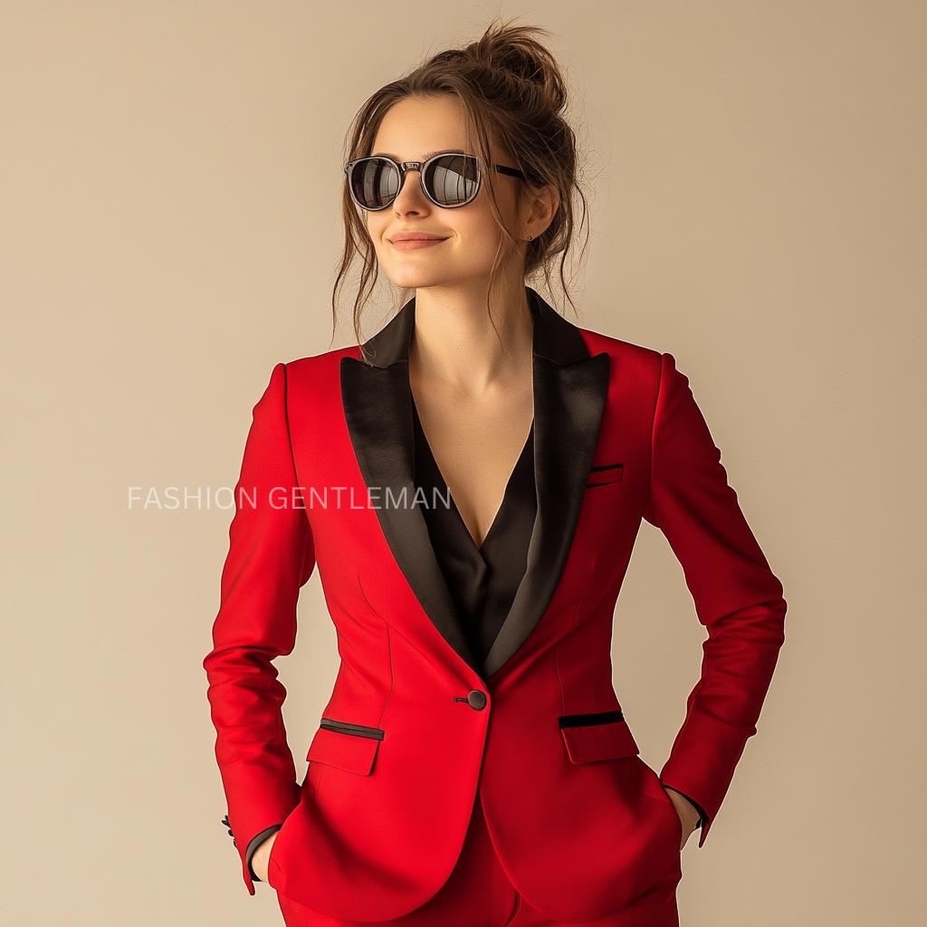 Red Womens Tuxedo Look Red Color Embroidered Work Party Wear