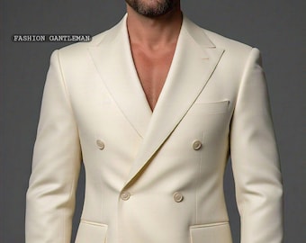 May include: A double-breasted suit jacket in a creamy white color. The jacket has a notched lapel and six buttons down the front.