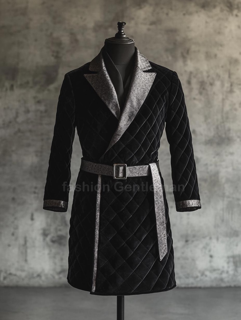 Men's Smoking Robe Mens Black Velvet Smoking Robe, Grey Lapel, Quilted, Knee Length - Etsy