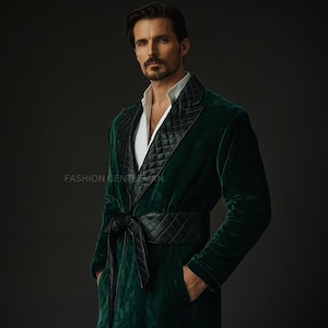 Men's Handmade Green Velvet Smoking Jacket Robe, Quilted Silk Trim