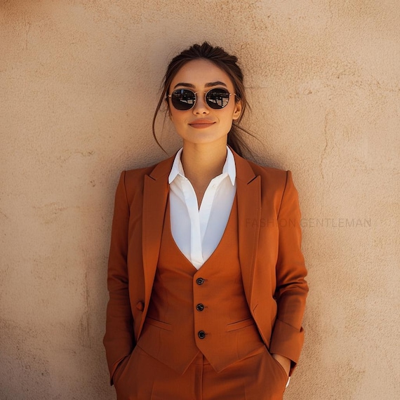 Luxury Rust Copper 3 Piece Suit: Slim Fit Women's Office Wedding Suit