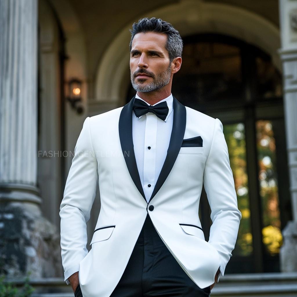 Men's Cream White Tuxedo 2 Piece, Black Collar