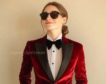May include: A person wearing a red velvet blazer with a black satin lapel and a black bow tie. The person is wearing a white collared shirt and black sunglasses.