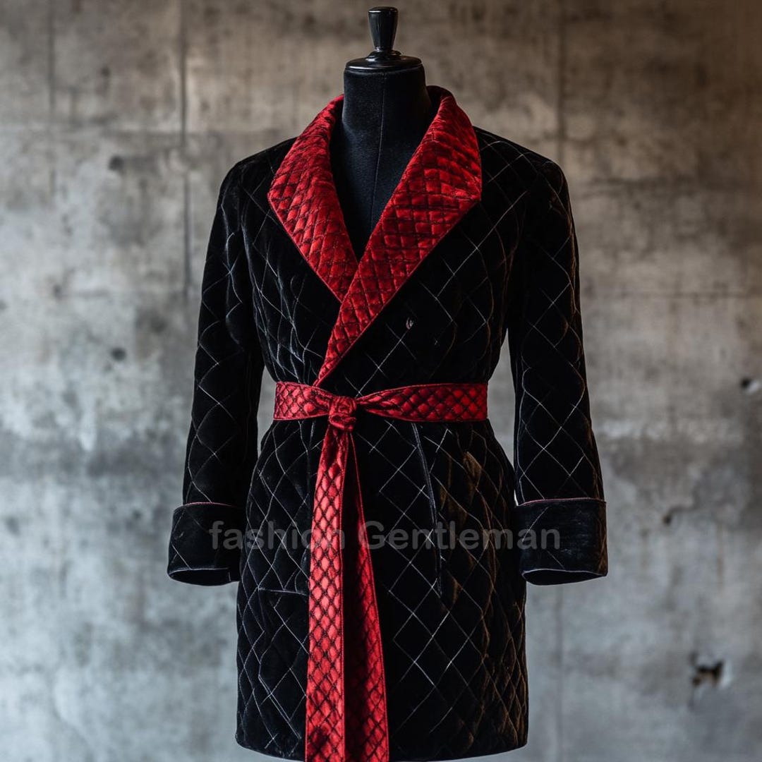 Men's Smoking Robe Mens Black Velvet Smoking Robe - Handmade Red Lapel Quilted Gown - Etsy