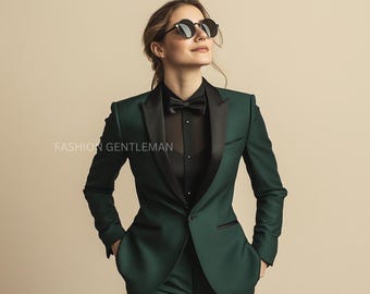 Traje de esmoquin verde oscuro: traje de dos piezas de corte entallado para mujer