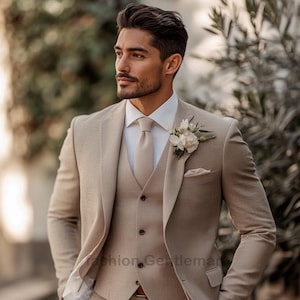 Men&#39;s Beige Slim Fit Suit: Handmade 3-Piece Wedding Suit