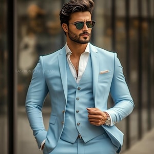 Sky Blue Slim Fit Suit: Handmade 3-Piece Tailored Suit