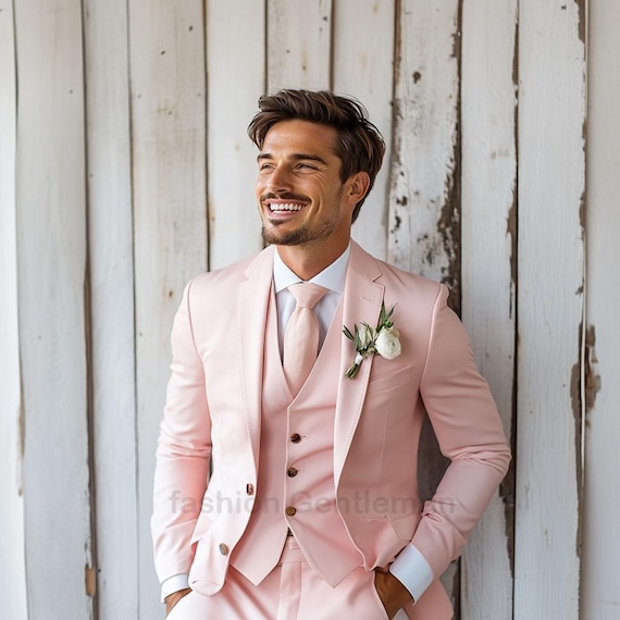 Light Pink Slim Fit Suit: Handmade 3-Piece Wedding Suit