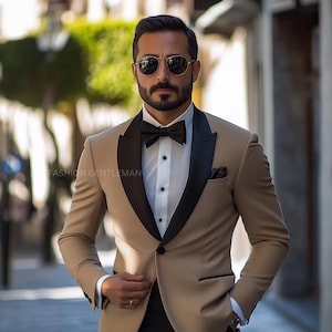 Classic Beige Tuxedo with Black Lapels Two Piece Slim Fit Suit For Men,Groom & Groomsmen Suit For Wedding,Tailored Suit,christmas party