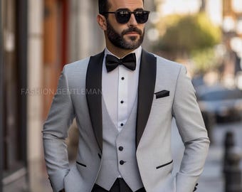 Esmoquin gris claro hecho a mano: traje entallado con solapa negra