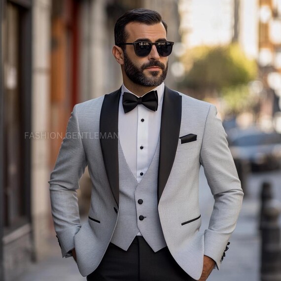 Handmade Light Grey Tuxedo: Black Lapel Slim Fit Suit