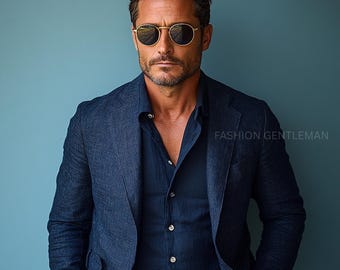 Handmade Linen Suit: Men's Relax Fit Two Piece - Dark Blue