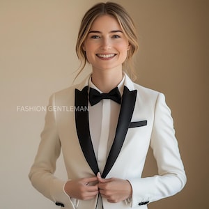 Luxury White Tuxedo with Black Lapels Two Piece Slim Fit Suit For Women, & Office Party Suit and Wedding,Tailored Suit, Christmas Party