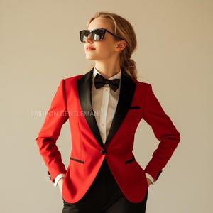 Red Tuxedo Suit for Women: Slim Fit Two Piece with Black Lapels