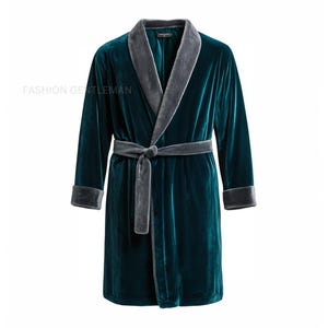 May include: A teal blue velvet robe with a grey velvet collar and trim. The robe has a self-tie belt.