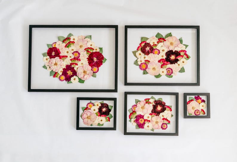 May include: Five rectangular black frames containing pressed flower arrangements. Each frame displays a cluster of dried blossoms in shades of deep red, light pink, and white, accented with green leaves, all set against a clear glass background.