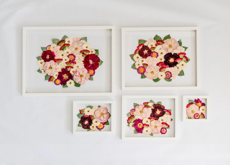 May include: Five white rectangular floating frames containing pressed flower arrangements. Each frame displays a cluster of dried flowers in shades of deep burgundy, soft pink, cream, and white, accented with small green leaves, arranged in a circular pattern.