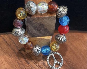 Multicolor Glass Round Beaded Stretch Bracelet Peace Theme Dangle Charm