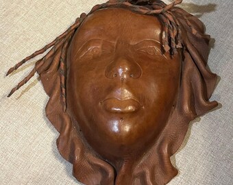 Tribal Leather molded woman’s  face hand tooled 10”x 9” vinyage folk art wall decor