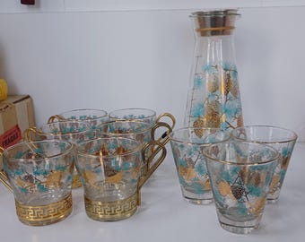 Vintage david douglass vintage glassware decanter 6 voffee mugs and 3 lowball glasses turquoise gold prepaid tariff