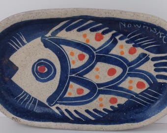 RARE JAIME  NOWINSKI Pottery large platter midcentury modern 1970s abstract fish 11" by 6.5" artist signed front and back studio pottery